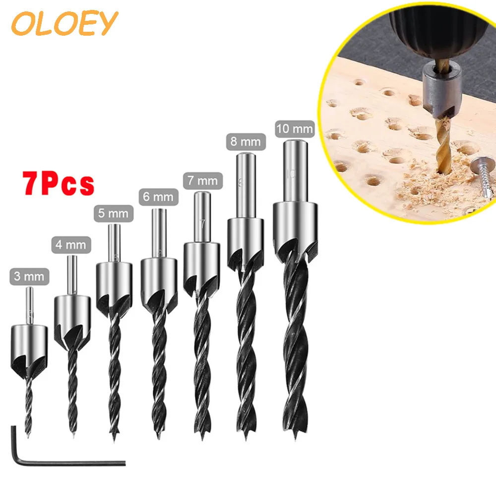 

OLOEY 3-10mm Drill Bit Set Round Shank Titanium Coating Countersink Drill Bit Chamfer Boring Woodworking Tools With Hex Wrench