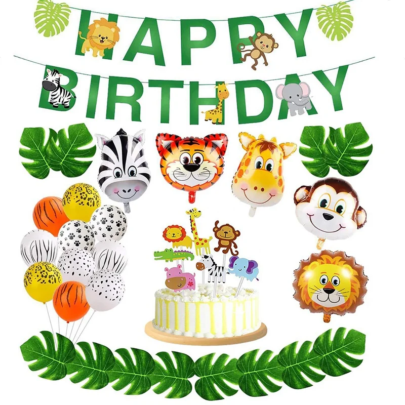 

36Pcs Jungle Animals Balloons Set Foil Balloon Turtle Leaves Birthday Party Decoration