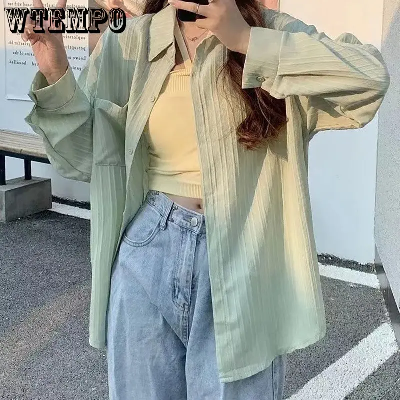 

WTEMPO Long Sleeve Sunscreen Shirts Women's Summer Fashion New Textured Loose Casual T-Shirts Office Lady Solid Straight Shirts