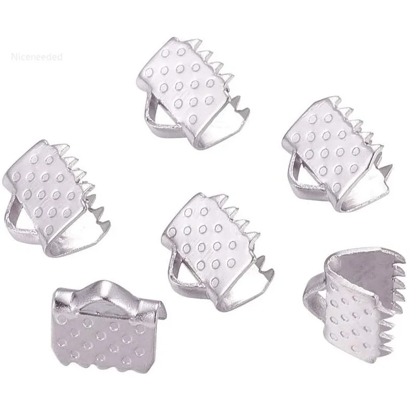

200PCS Stainless Steel Ribbon Ends Clamp Leather Pinch Crimps Fastener Clasps Cord Ends Accessories for Jewelry Making