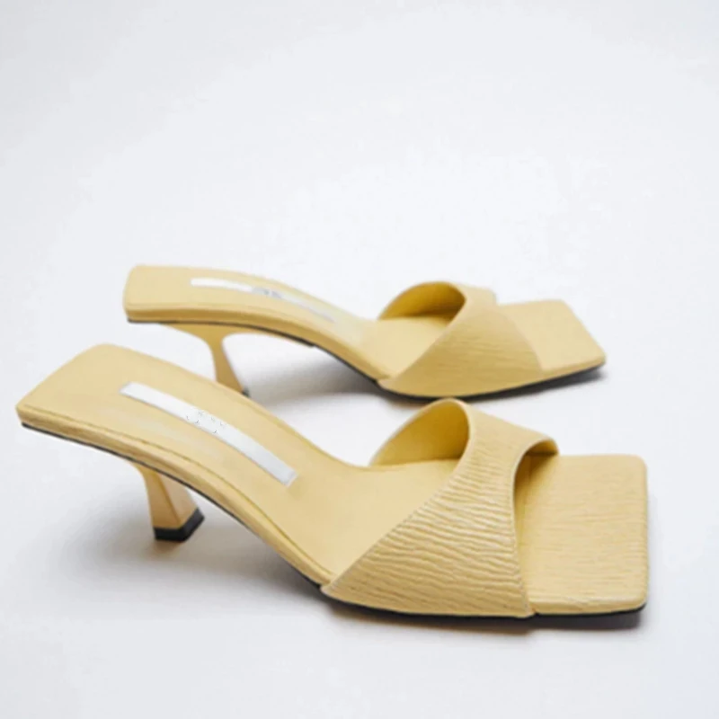 

ZARZ 2022 Summer New Fashion Yellow Square Toe High Heels Sexy Outer Wear Stiletto Muller Lazy Sandals And Slippers Women Shoes