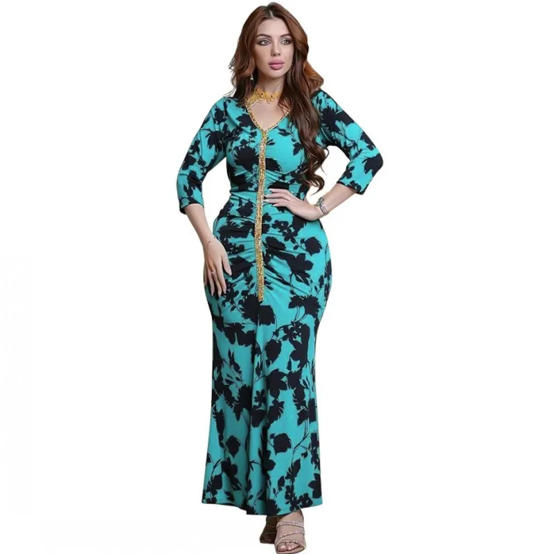 

Middle Eastern Fashion Skinny Print Diamond Mermaid Dress Ladies Traditional Muslimc Abaya Long Maxi Dress Ankara Robes New