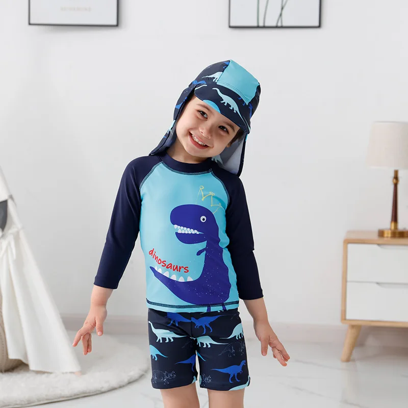 

Children's Swimsuit Split Boy Cartoon Dinosaur Boy Long-sleeved Sunscreen Swimming Pants Suit Cute Big Children's Swimwear 3PCS