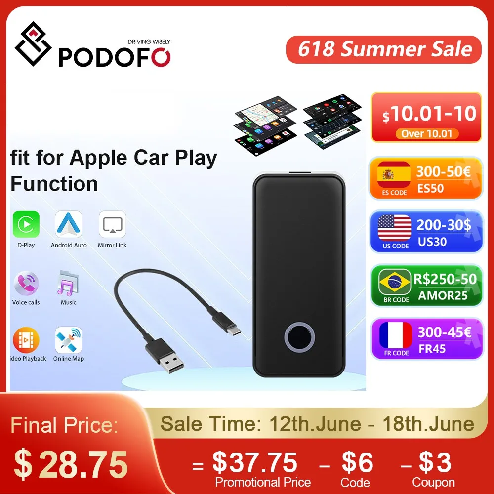 

Podofo Wireless/Wired Carplay Dongle Wired Android Auto Mirror Link AI Box Car USB Adapter Multimedia Player Navigation WIFI IOS