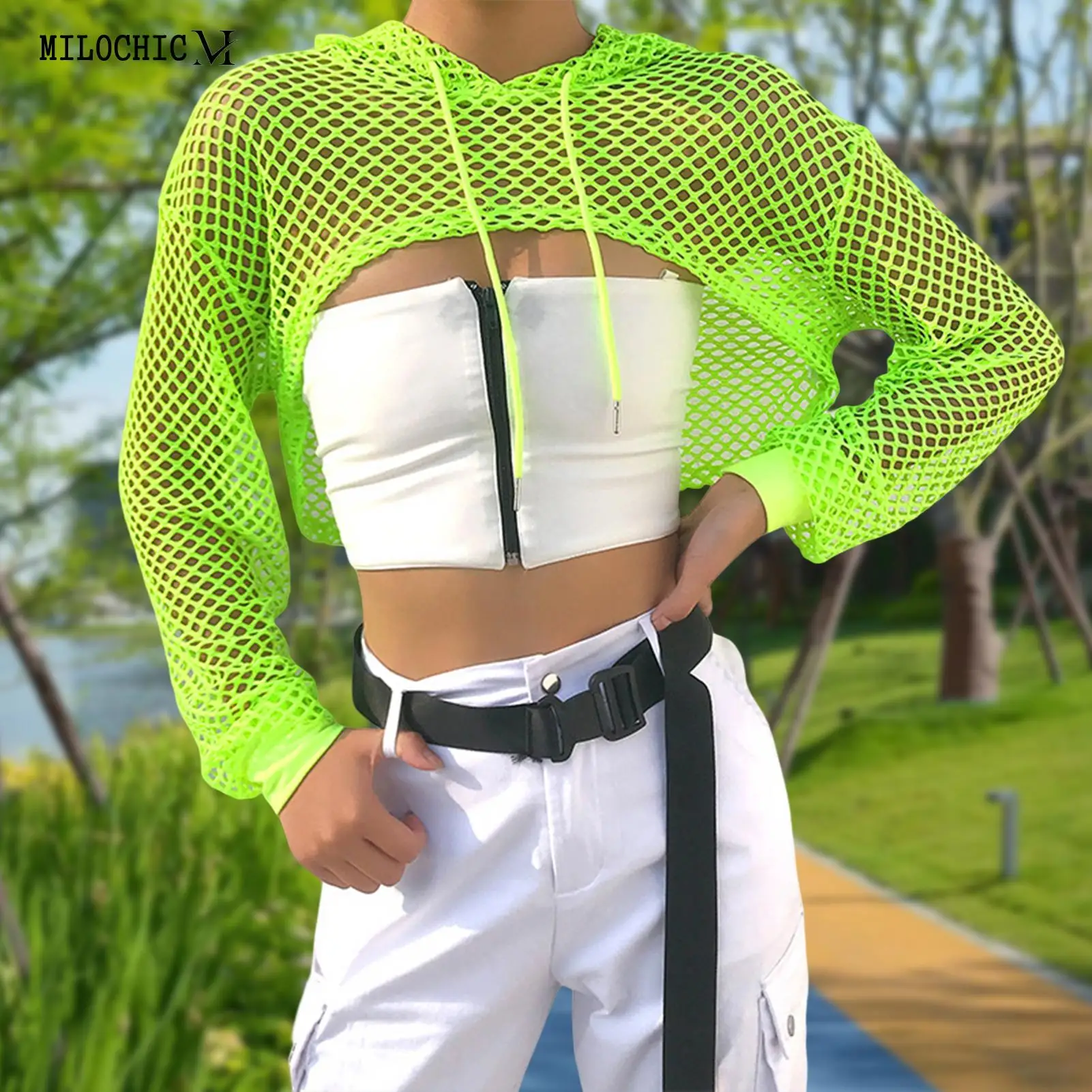 

Ladies Sexy Crop Sweatshirt Loose Fit Women Fashion Cami Top Solid Color See Through Long Sleeve Streetwear Suit
