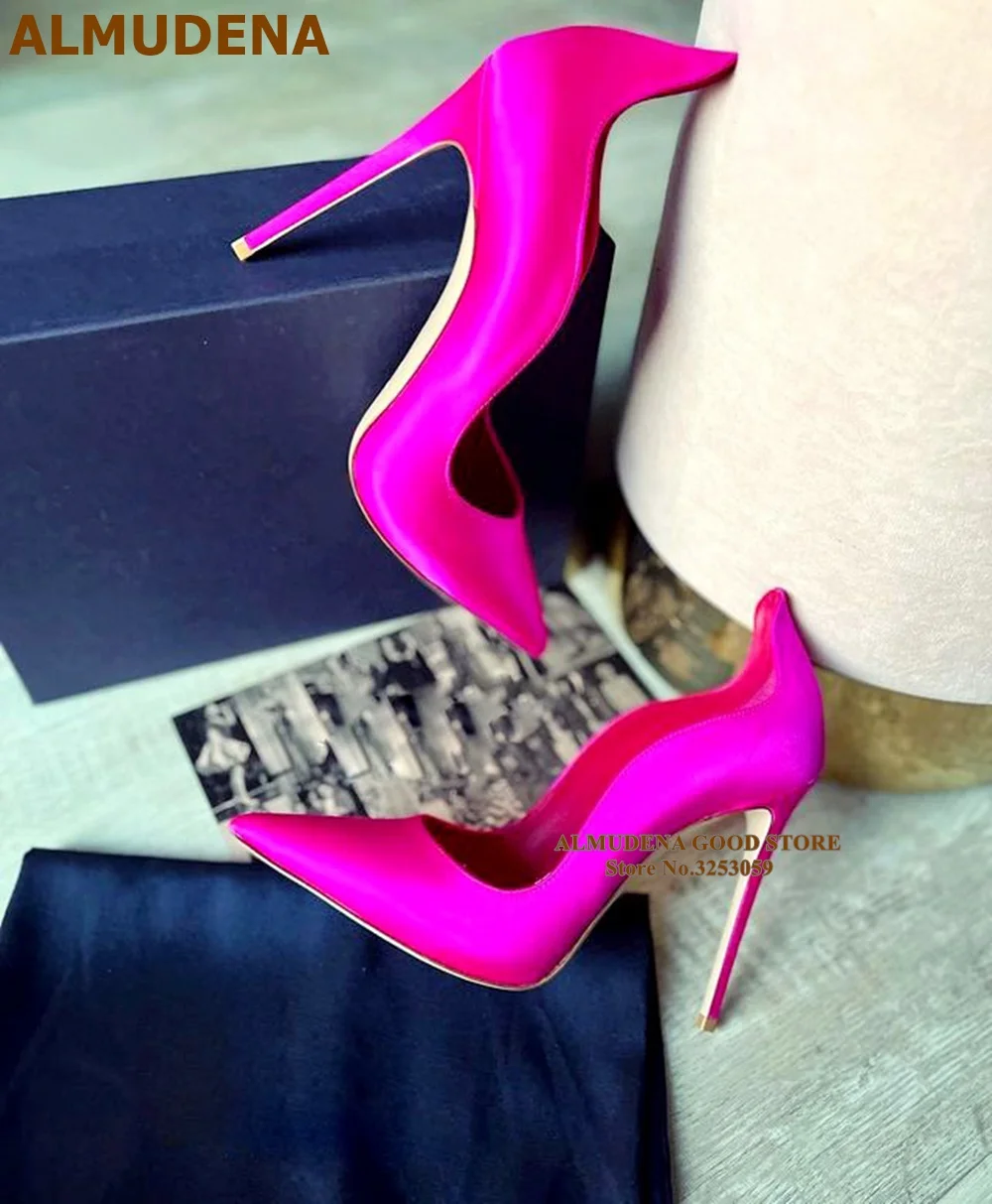 ALMUDENA Fuchsia Pink Satin Cloth High Heel Shoes 12cm 10cm 8cm Silk Fabric Pointed Toe Slip-on Pumps Special Cut Wedding Heels