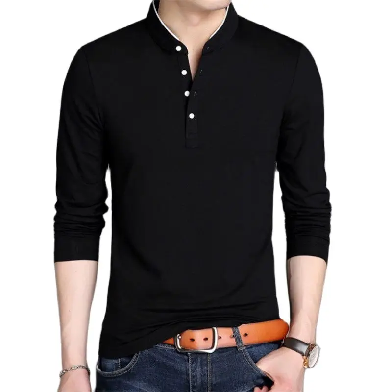 

Collar Cotton Korea Spring Solid Tops Half Comfy Casual Stand Pullovers Tide Men's Slim Buttons Shirts Sleeve Thin Tees Long