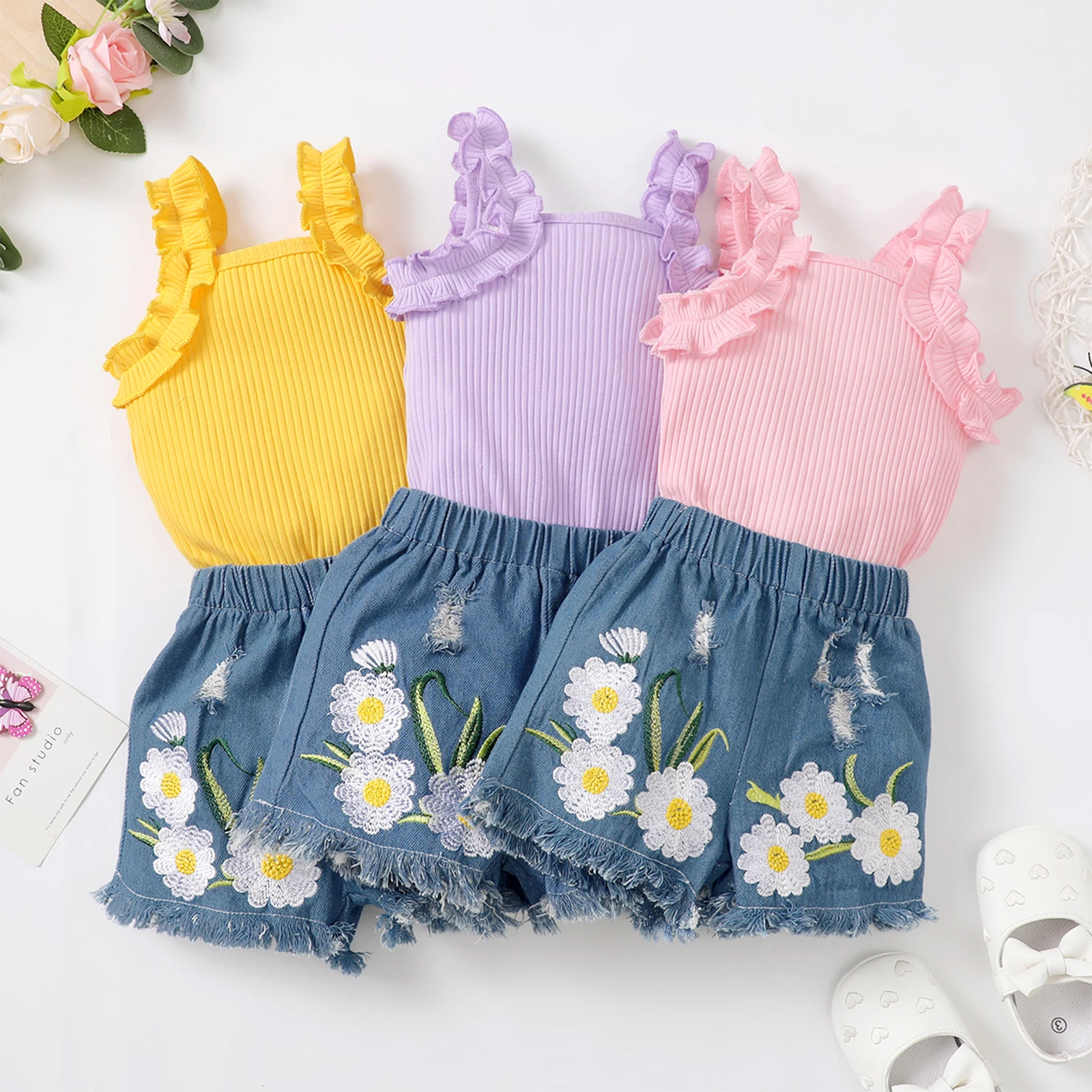 

Toddler Baby Girls Pants Suit Casual Street Party Knitting Romper Vest Tops Denim Floral Short Pants Children's Clothing Set