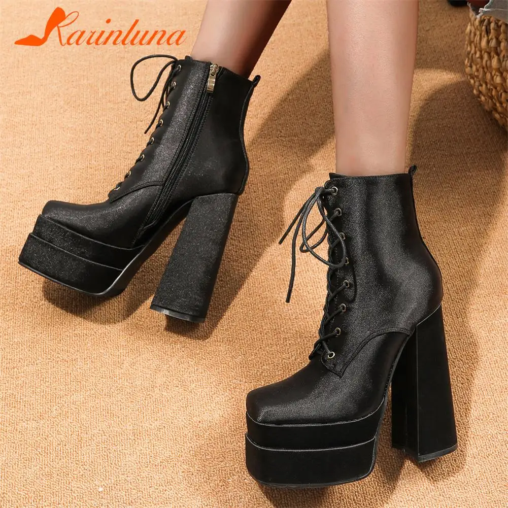 

Luxury Women Boots Ankle Elegant Platform Boots Lady Solid lace-up Sexy Party Square High Heels Winter 2022 Autumn Shoes Female