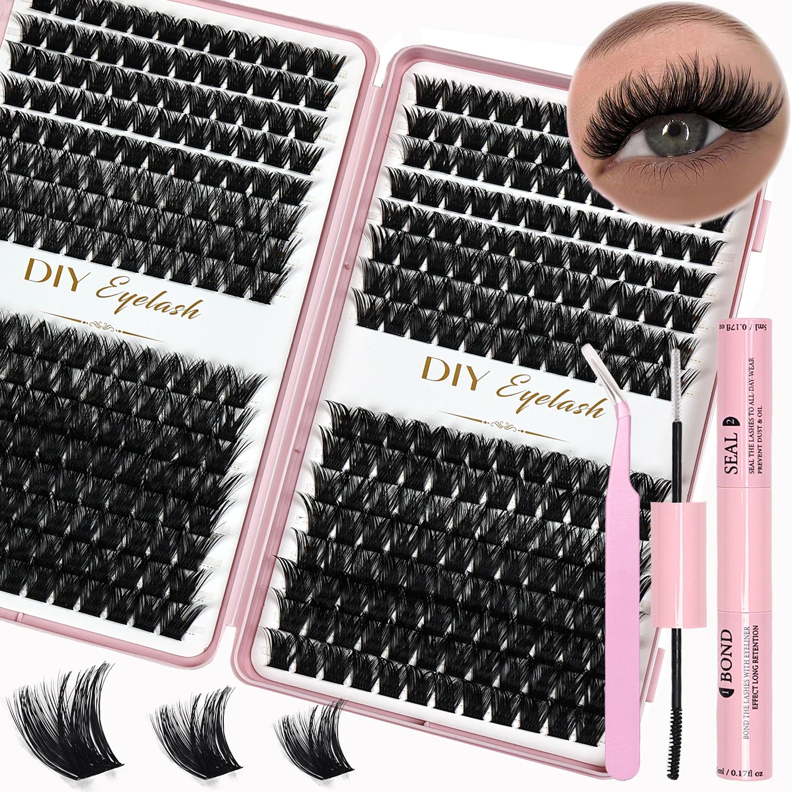 Eyelash Extension Kit Complete 384pcs D Curl with Cluster Eyelashes Applicator and Bond &amp Seal