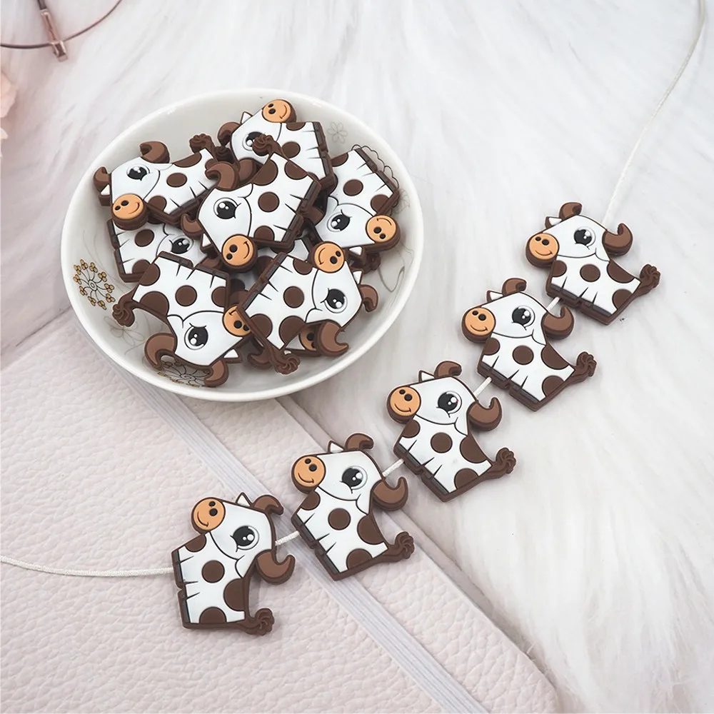 Chenkai 10pcs Silicone Cow Beads BPA Free Animal Bead DIY Teething Infant Chewable Dummy Necklace Pacifier Toy Accessories