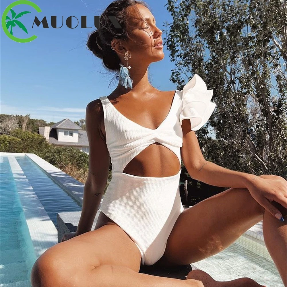 

MUOLUX 2023 Sexy 3D Flower One Piece Shoulder Swimsuit Summer Women White Solid Ruffle Monokini Beachwear Monokini BathingSuit