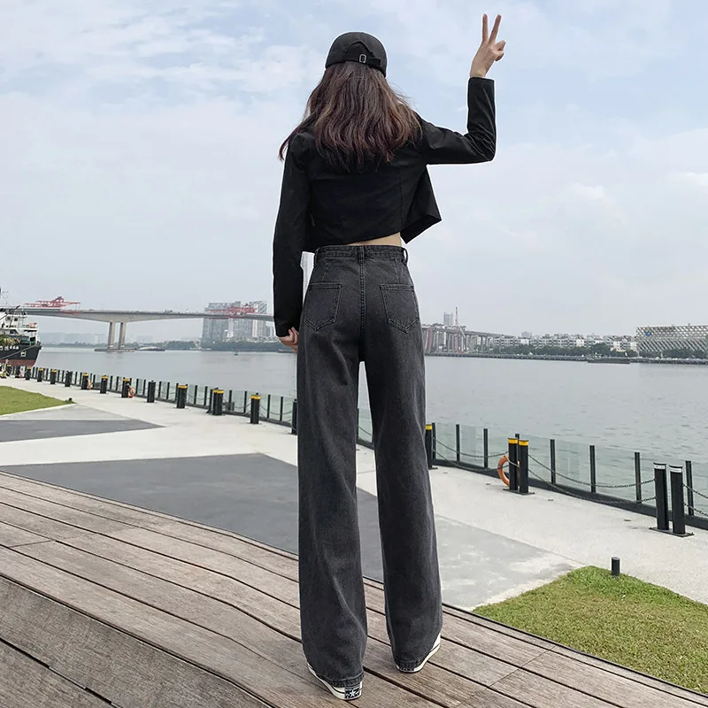 Vintage Jeans Woman High Waist Wide Leg Straight Loose Denim Pants with Button Blue/Black Fashion Harajuku All-match Streetwear