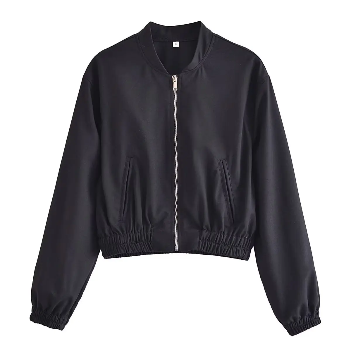 

Женская куртка-бомбер на молнии, однотонная черная короткая куртка-бомбер с воротником-стойкой и карманами, весна-осень 2023