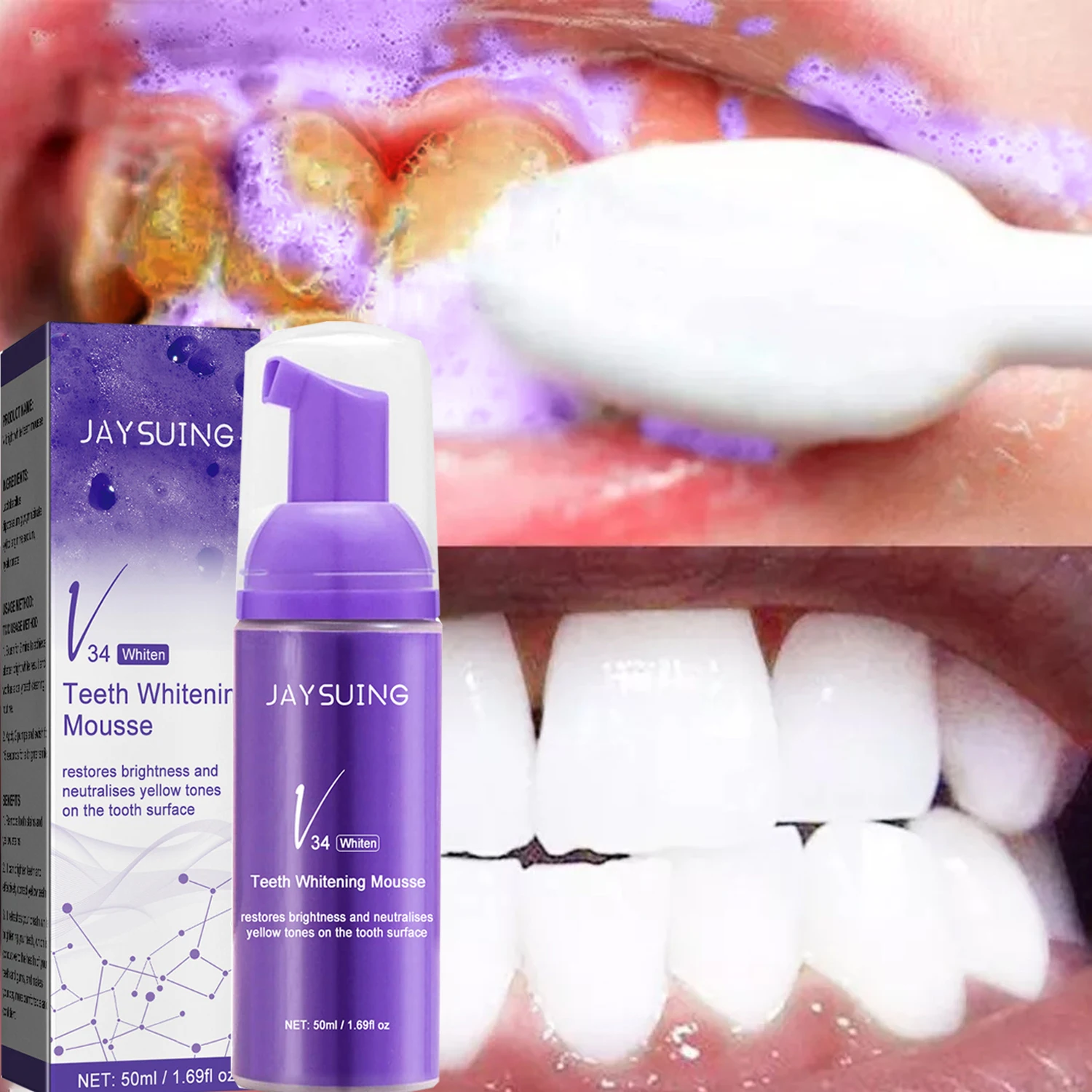 Teeth Whitening Mousse Toothpaste Deep Cleaning Cigarette Stains Bright Neutralizes Yellow Tones Dental Plaque Fresh Breath 50ml