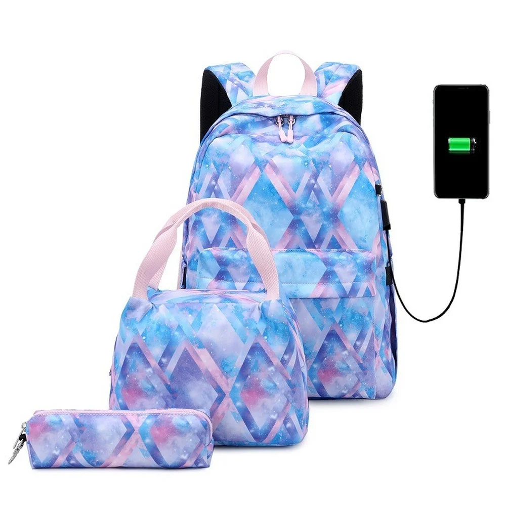 New USB Charging Women's Bag Backpack Nordic Printing Student Schoolbag Three-piece Computer Backpack Child Mother Bag School