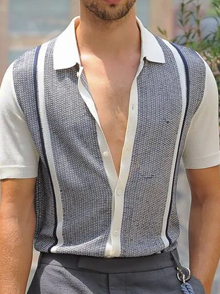 

Men's Summer Color Contrast Striped Cardigan Polo Shirts Casual Short Sleeve Lapel Single Breasted Tops Fashion Loose Knit Shirt