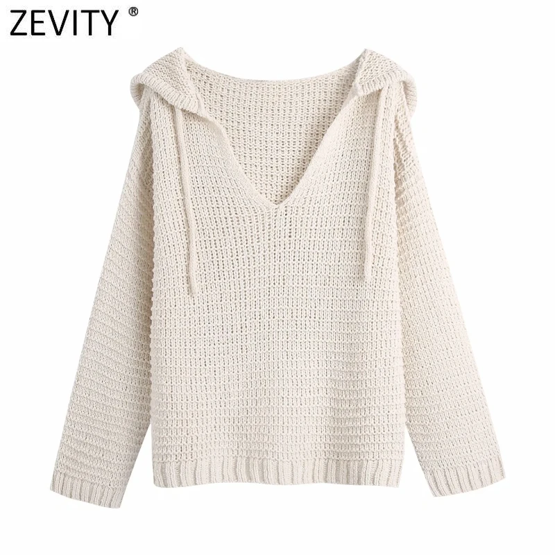 

Zevity Women Simply V Neck Solid Casual Loose Knitting Hooded Sweater Female Chic Basic Long Sleeve Pullovers Coat Tops SW898