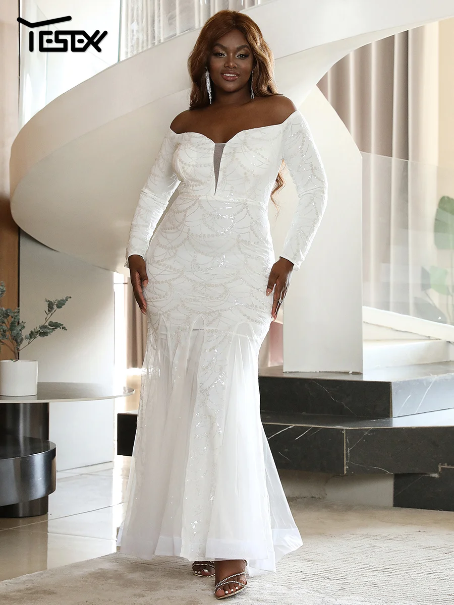 Yesexy Plus Size Off Shoulder Long Sleeve Mermaid Hem Sequin  Bride White Wedding Dress Maxi Dresses
