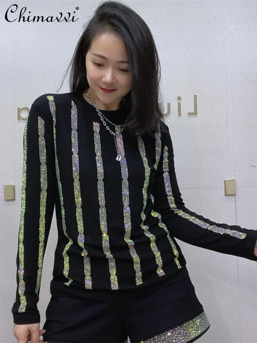 

fall fashion high street Long-Sleeved top tee Women's new European elegant casual Vertical Stripes Diamond High Elastic T-shirt