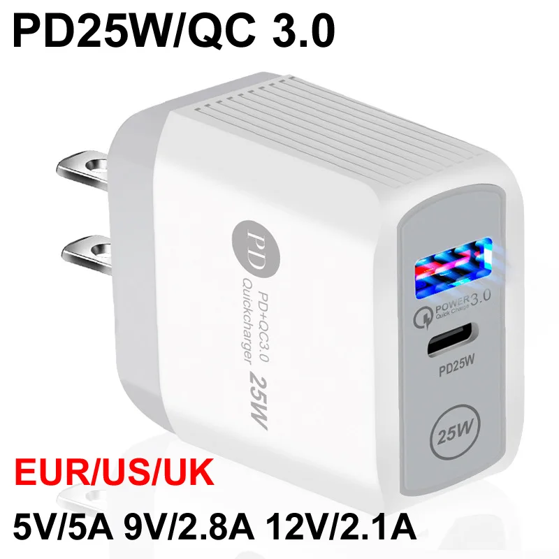 

PD 25W 5V/5A 9V/2.8A 12V/2.1A EU/US/UK Plug LED Light 2 Ports USB Adapter Wall Charger Fast Quick Charge QC 3.0 Mobile Phone