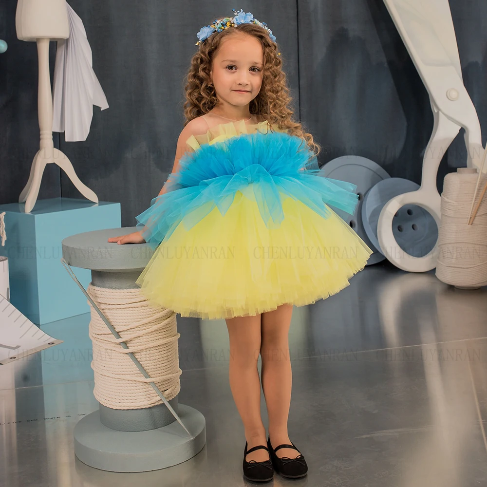 

Cute Puffy Flower Girl Dresses 2023 Tulle O-Neck Kid Wedding Party Dress Yellow Knee-Length Sleeveless A-Line Girl Princess Gown