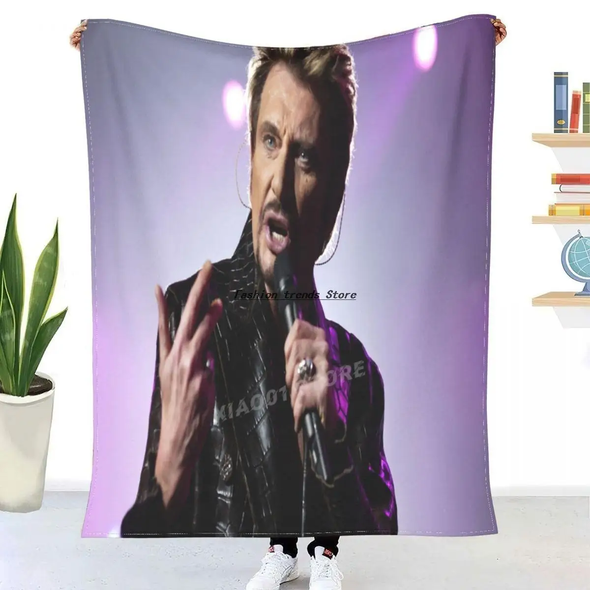 

Johnny Hallyday 3D-printed Flanged blanket bed Hiking picnic thick comforter with stylish bedspread wool blanket style