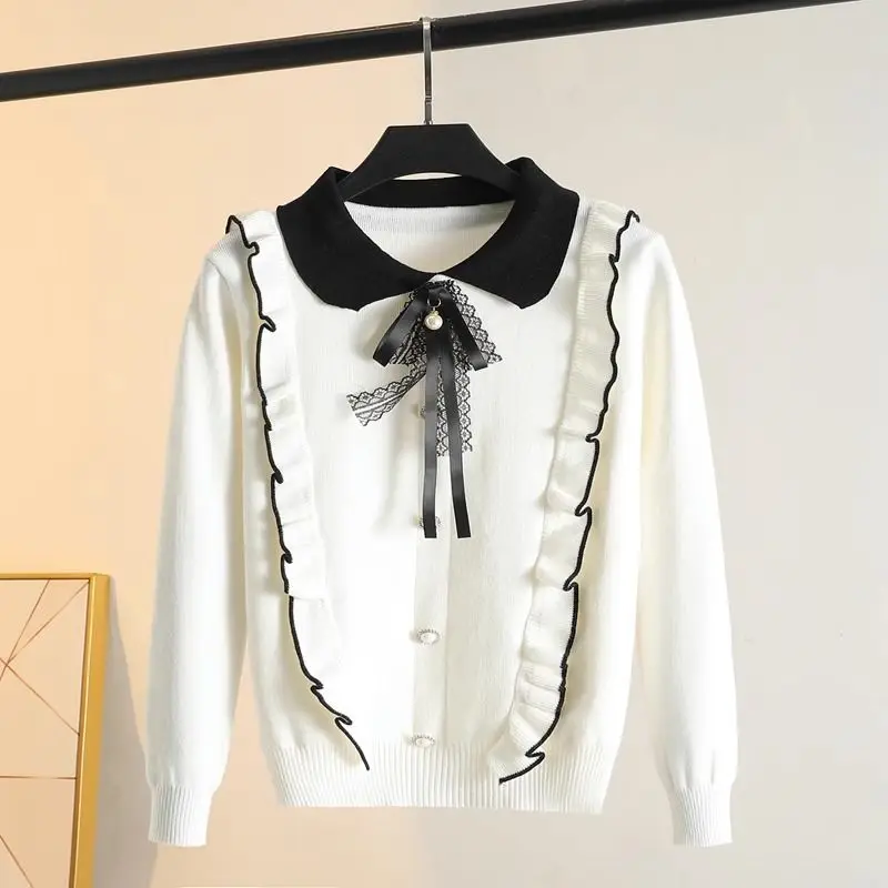 Пуловер с узелком-бабочкой и оборками по краю короткий базовый свитер облегающий