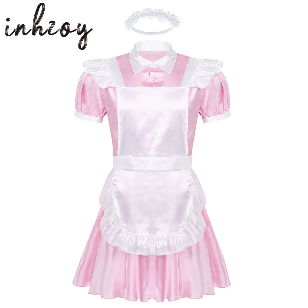 Купи Mens Sissy Maid Cosplay Costume Puff Sleeve Frilly Satin French Apron Maid Servant Dress Set Roleplay Babydoll Dress with Apron за 359 рублей в магазине AliExpress