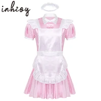 mens sissy maid cosplay costume puff sleeve frilly satin french apron maid servant dress set roleplay babydoll dress with apron