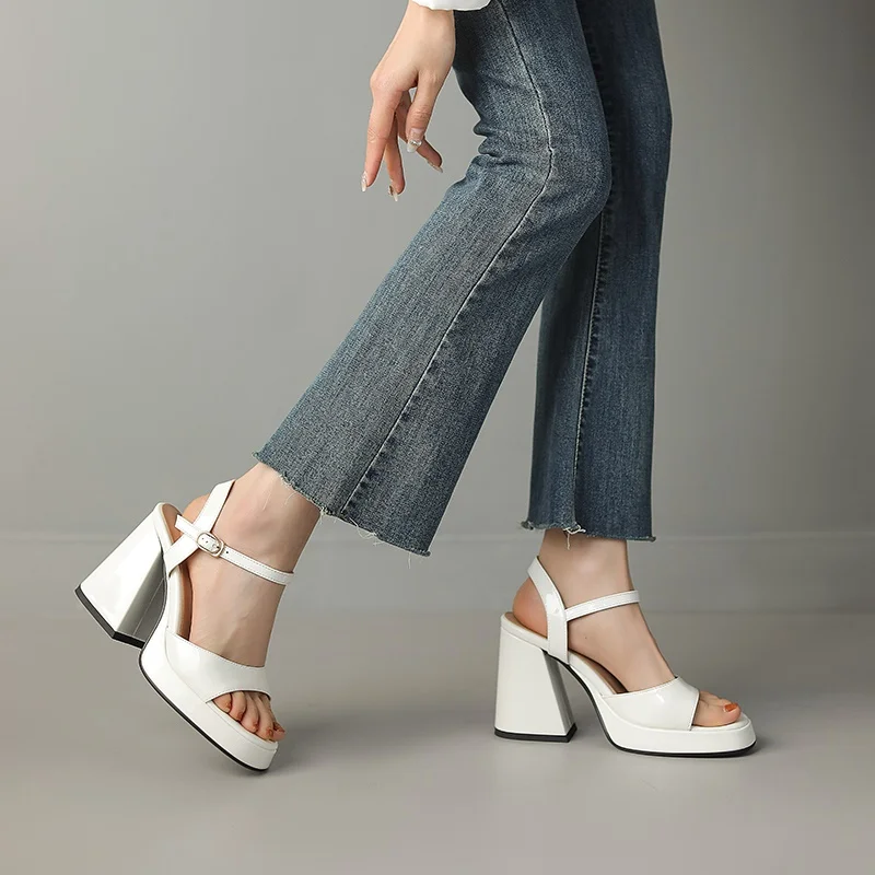 fashion patent leather women sandals summer shoes sexy open toe party wedding shoes woman thick high heels classic beach sandals