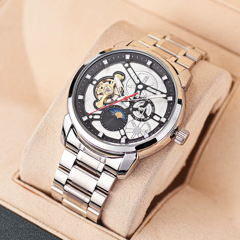 New Top Brand Luxury Mens Watches Fashion Automatic mechanical watch moon phase Wrist watch steel strap MAN watch reloj hombre