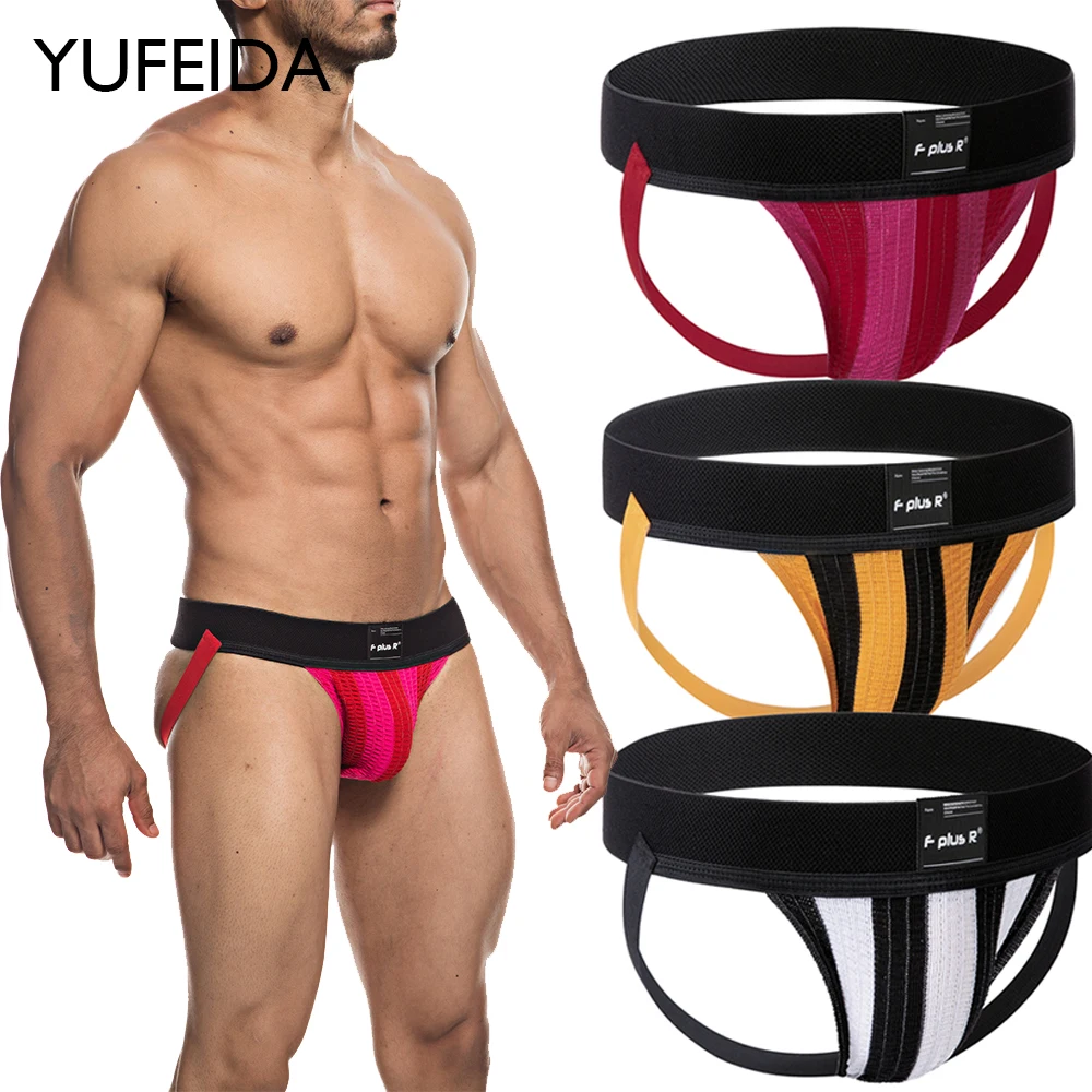 YUFEIDA 3pcs/lot Men's G String Panties Jockstrap Athletic Supporter Stripe Underwear Gay Man Penis Pouch Briefs Underpant Homme