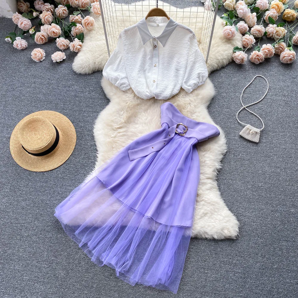 

Korean New Fashion French Women Summer Short Sleeve Chiffon Shirt + Sleeveless High Waist Dress Two Piece Sets G536