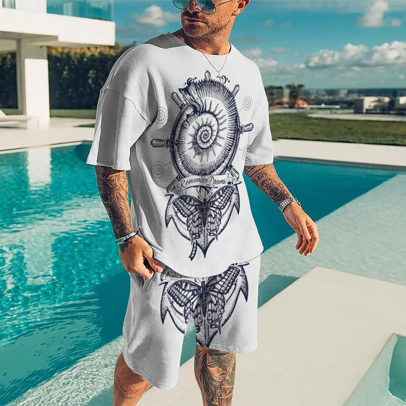 Summer Cool Men White Millstone Print  Short-sleeve Fitness Homewear T-Shirt + Shorts 2 Pieces Set  Male Tracksuits Oversized