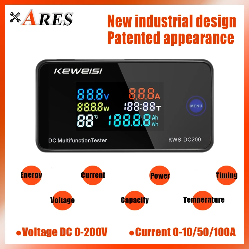 

Амперметр постоянного тока 0-200 в, вольтметр, светодиодный цифровой измеритель электроэнергии с таймером, функция отображения температуры, ...