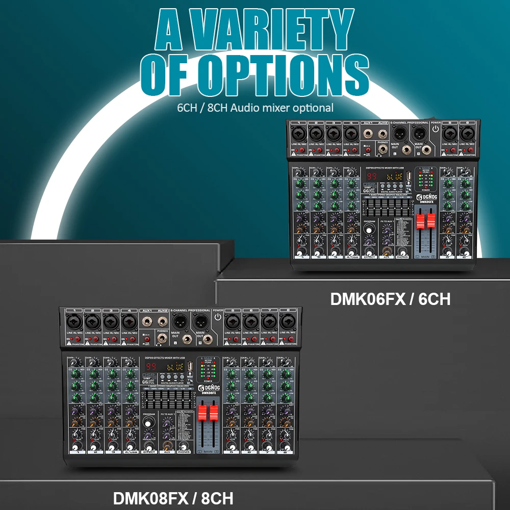 Фото Профессиональный 8-канальный аудиомикшер DGNOG DMK08FX DJ Sound Mixing Console с фантомным питанием 48 В Bluetooth USB для караоке-студии №4