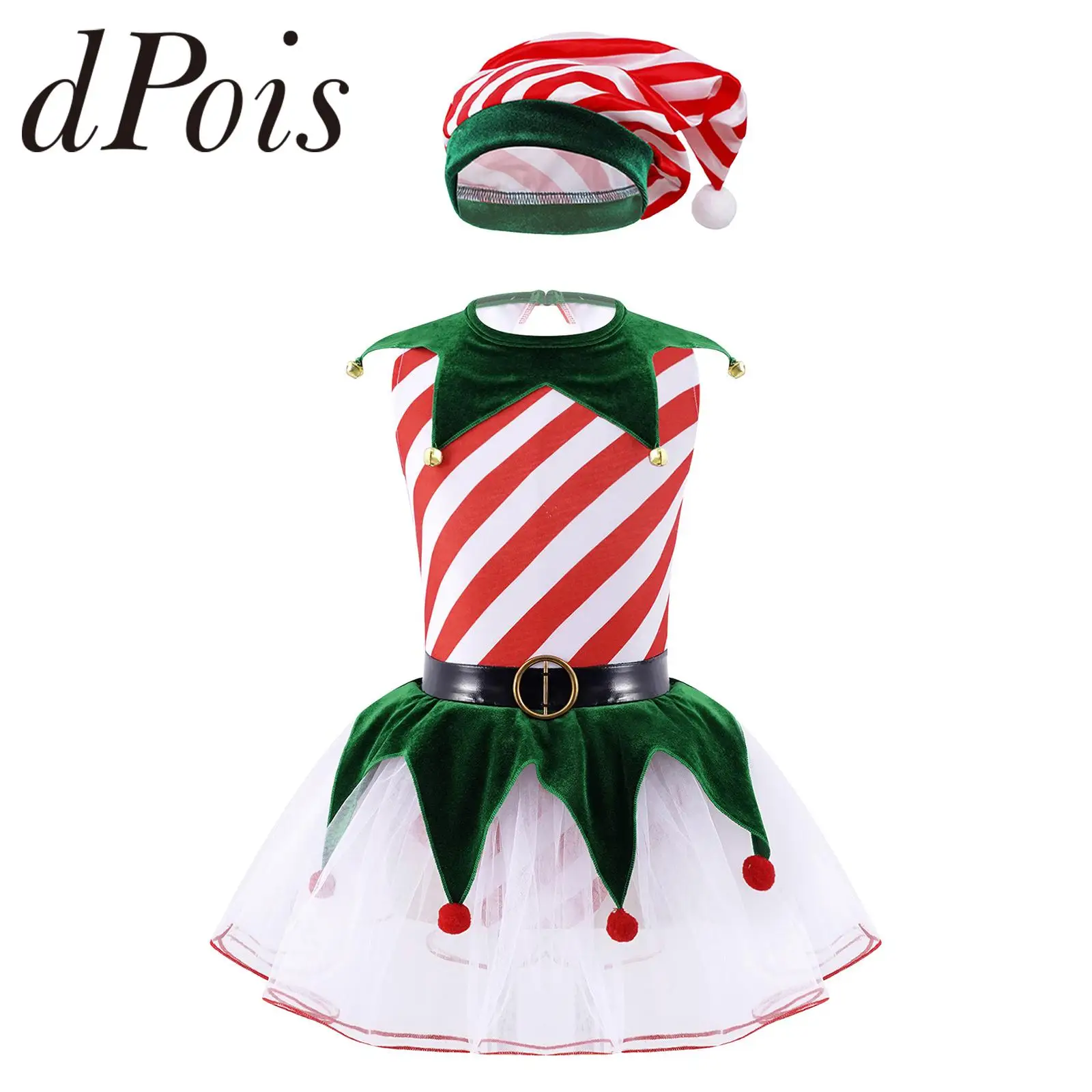 

Детское танцевальное платье-пачка в полоску с блестками для девочек рождественское платье с шапкой, платье для фигурного катания костюм ка...