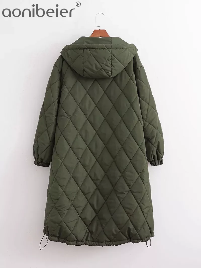 New2022 2022   Woman Casual Traf Coats Winter Warm Argyle Quilted Padded Jacket Hooded Zipper Mid Length Loose Parkas Outwear