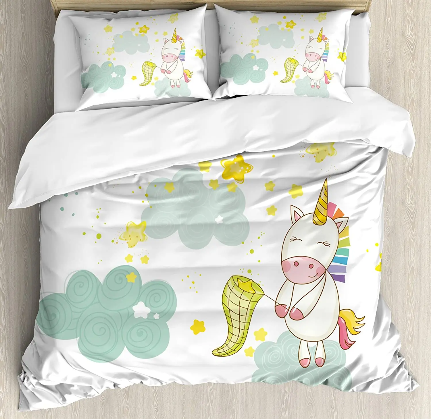 Unicorn Bedding Set For Bedroom Bed Home Baby Mystic Unicorn Girl Sitting on Fluffy Cloud Duvet Cover Quilt Cover And Pillowcase