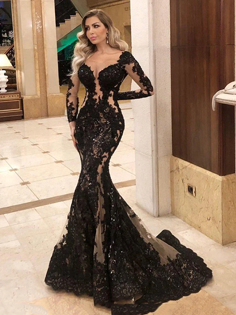 

Black Lace Applique Mermaid Formal Evening Dresses Long Sleeve Sexy Sweetheart Neck Tulle Sheer Prom Gowns robe de soirée femme