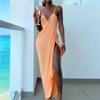 sexy solid color spaghetti strap long dress women 2022 fashion sleeveless backless deep v neck split party club bodycon dress