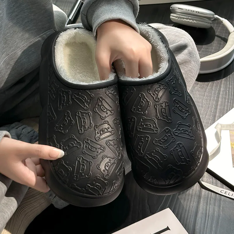 Зимние плюшевые меховые сабо мужские и женские тапочки мультяшный медведь для