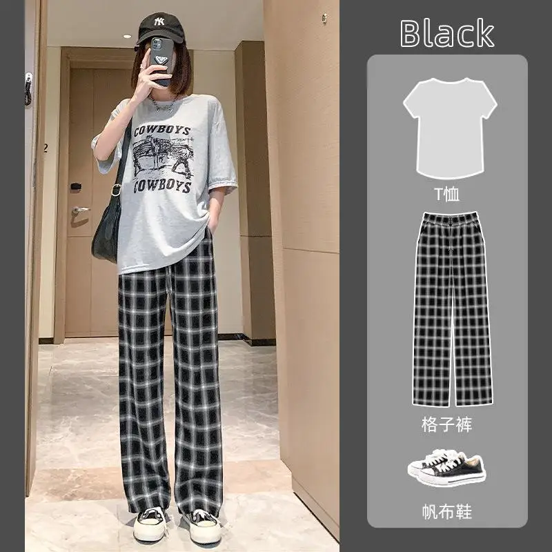 White Plaid Pants Womens Summer Thin Wide Straight Loose Casual Pants for Women New High Waist Wide Leg Trousers Women
