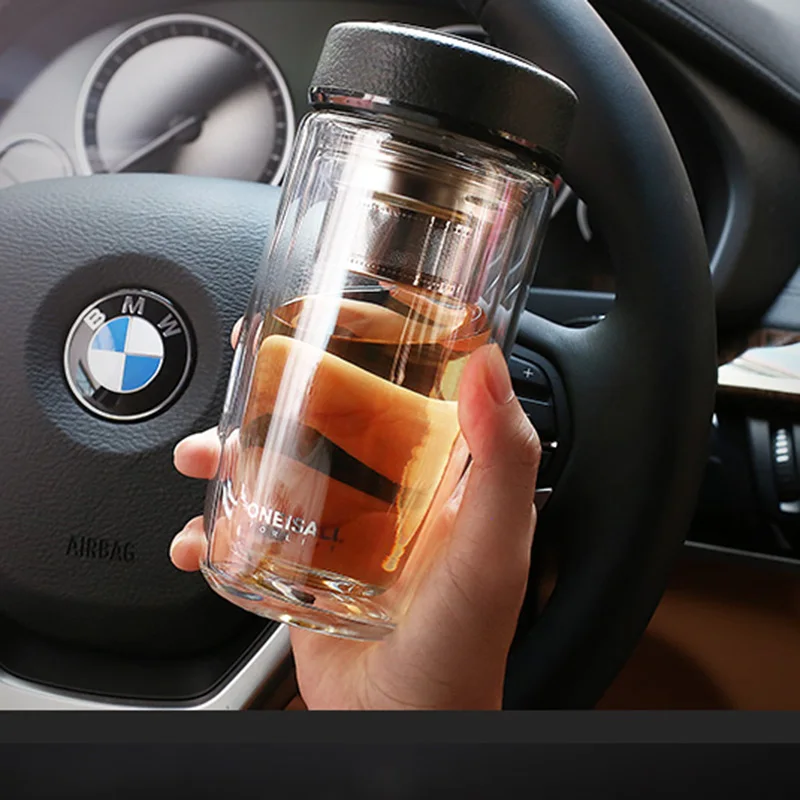 

380ML Double Wall Glass Water Bottle High End Thickness Borosilicate Glass Elegant Leakproof Bottle With Tea Infuser For Car