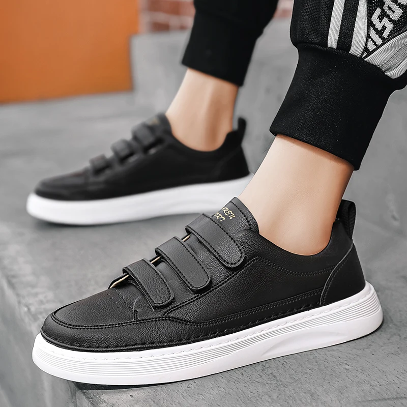 Spring New All-Match Hook & Loop White Sneakers Men Leather Casual Shoes Male Korean Style Shoes 6