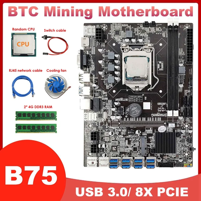 

B75 8XPCIE USB3.0 BTC ETH Miner Motherboard Kit+CPU+Cooling Fan+2X4G DDR3 RAM+Switch Line+RJ45 Network Line LGA1155 DDR3