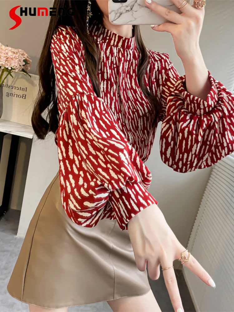 

Elegant Female Blouses Stand Collar Puff Sleeve Top Mujer 2022 New Autumn Loose Vintage Long Sleeve Printed Shirt for Women