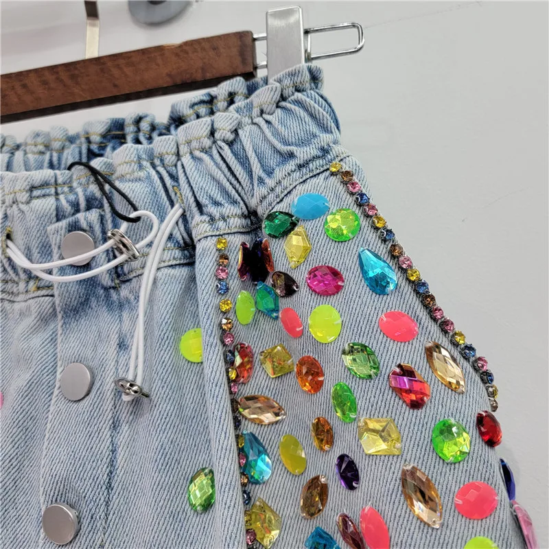 Summer 2023 Denim Shorts Women Ripped Multicolour Diamond Heavy High Waist Embroidered Flares Women's wide leg Jean Shorts
