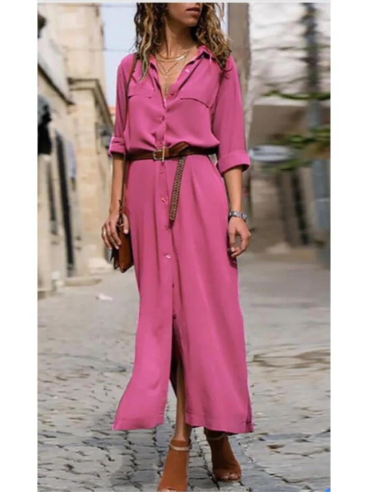 Весенне-летнее однобортное платье средней длины с лацканами и длинными рукавами